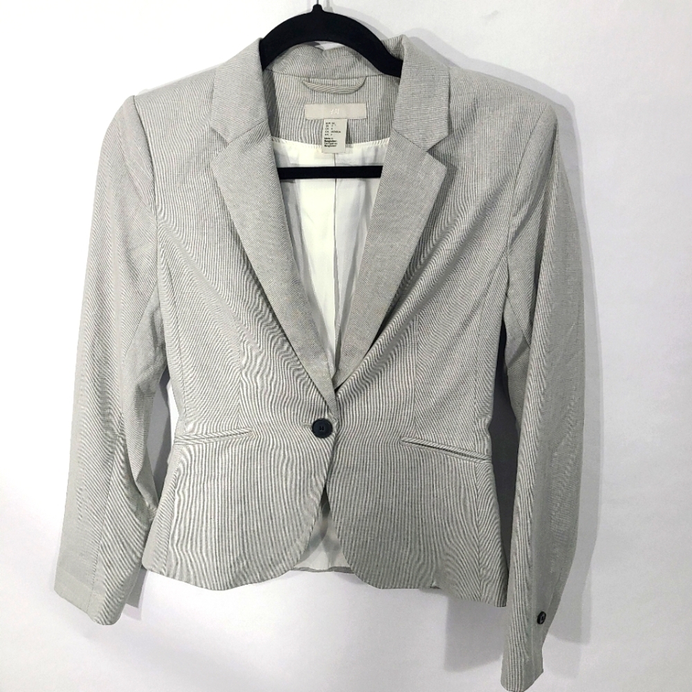 H & M Women's Size 4 Blazer Gray Single Button  Herringbone Jacket Career Office